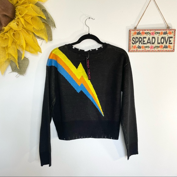 S, M, L NWT DISTRESSED BLACK YELLOW ORANGE BLUE CREW NECK SWEATER - Picture 5 of 8